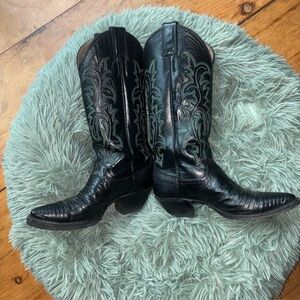 Women’s Vintage Justin Black Lizard Leather Green Stitch Western Cowboy Boots 5B